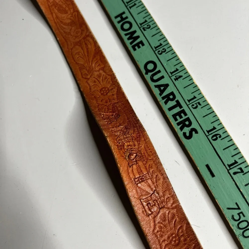 Western Floral Tooled Leather Belt Silver Gold Engraved Buckle Tip Tan 30 32